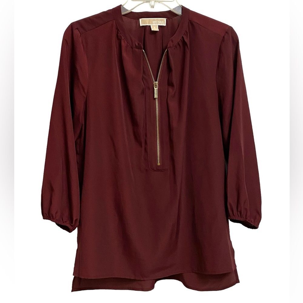 Michael Kors Women's Front Zipper Peasant Top Blouse Size S Burgundy Boho Casual